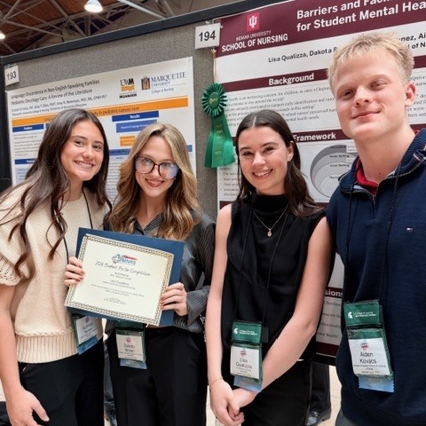 IUnursing's tweet photo. Congratulations to IU School of Nursing in Bloomington BSN Honors students Audriana Nunez, Dakota Brown, Lisa Qualizza, and Aiden Kovacs, as well as mentor Dr. Andrea Tanner, for receiving third-place honors in the @MidwestNursing Student Poster Competition today! 🎉 https://t.co/px7uAvWepb