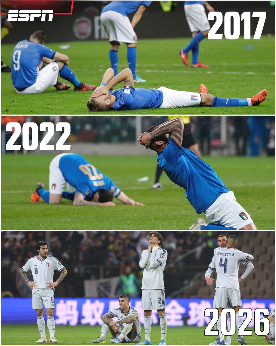 Italia se convirtió en la primera selección que ya fue campeona del mundo en quedarse fuera en TRES justas de manera consecutiva 😱 🇮🇹

Para el Mundial 2018: Suecia los eliminó por la mínima en la repesca que se jugó en 2017*

Para el Mundial 2022: Macedonia del Norte los dejaba