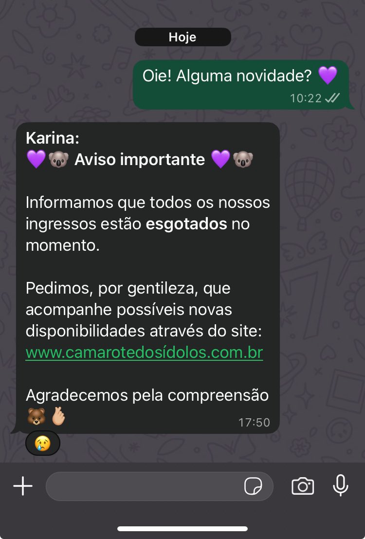 vibeslikev's tweet photo. @SophyAlguem @kookvpallet Me informaram que os ingressos esgotaram 😭 https://t.co/X3HkhcnhIv