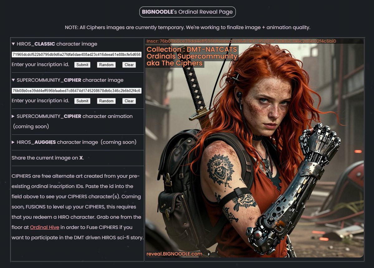 BignoodleBTC's tweet photo. The ORDINALS SUPERCOMMUNITY is almost there! This is a current screenshot, It's free alternate artwork for a #Natcat #Natcats inscription ID (shown at top of the image). Stay tuned folks, we're doing this to bring some fun to the space & I promise all founders - our intentions are respectful. Some of you, I reached out to, but I don't know every Ordinals founder.  Everyone gets alt artmade by DMT & soon gets some AI agentic capabilities too. We also have our episodic sci-fi story driven by DMT & Bitcoin. More to come...
