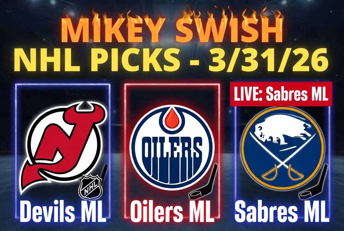 StatsToStacks_'s tweet photo. Mikey Swish picks (3/31/26) - all ML:  
- New Jersey Devils ML (-120ish) @ Rangers  
- Edmonton Oilers ML (-185ish) vs Kraken  
- Live: Buffalo Sabres ML vs Islanders  

Games at 7PM ET (Devils/Rangers, Sabres/Islanders) and ~9PM ET (Oilers). Check live lines—they move. Tail responsibly! 🏒