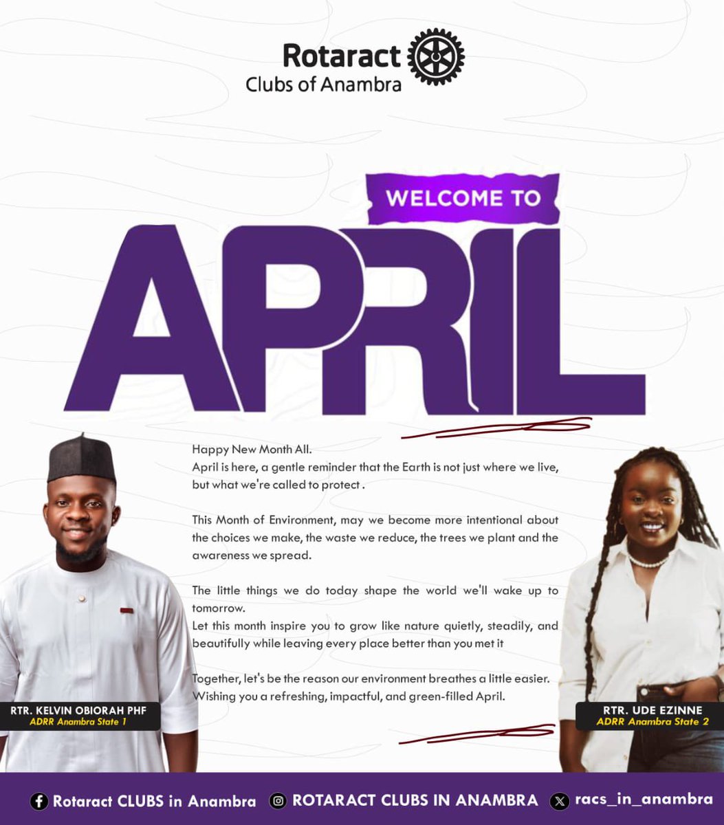 racs_in_anambra's tweet image. April is here 🌱💜
 A new month, a fresh call to protect what truly matters, our environment.
Every small action counts: Plant a tree, reduce waste, spread awareness. 
 Welcome to a green, impactful April 🌍

 #RotaractAnambra #EnvironmentMonth #ServeToChangeLives