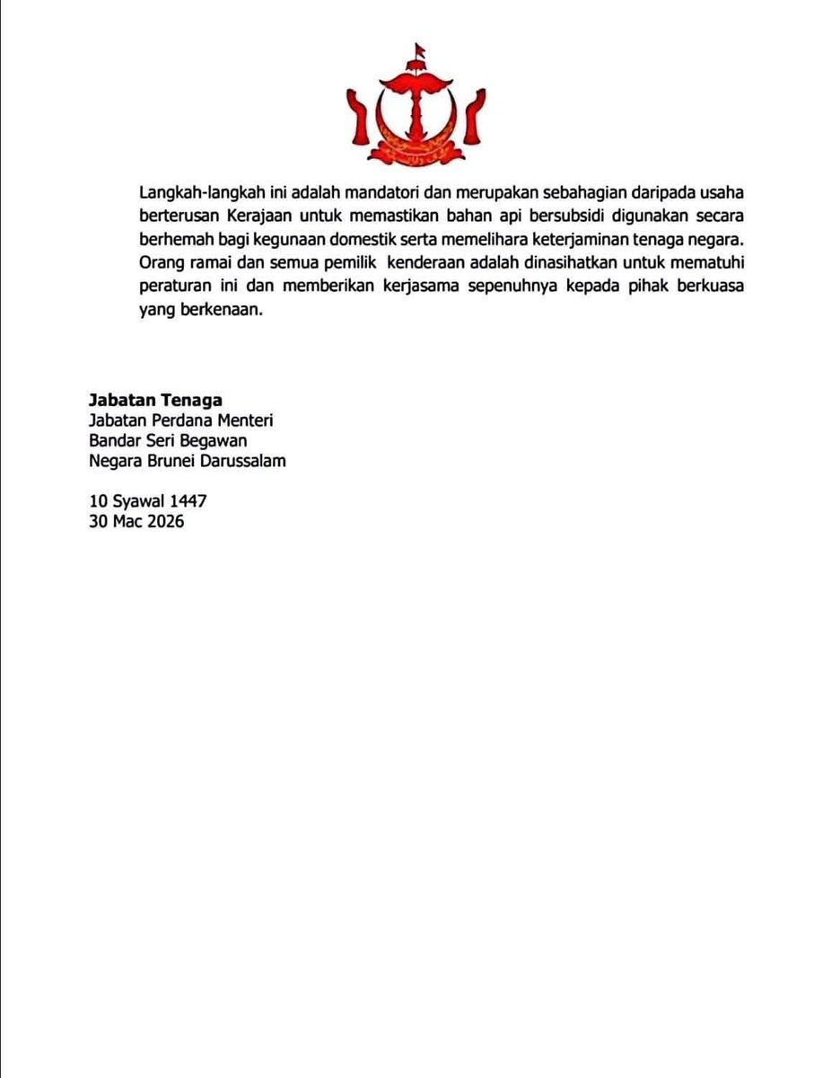 Simple je nak faham krisis minyak dunia ni... negara kaya minyak, Brunei pun dah lock ketirisan minyak bersubsidi.. starting 1 April subsidi utk org Brunei je..⛽🇧🇳

• Kereta Malaysia nak masuk? Minyak mesti ada 3/4 full 🚗
• Nak isi minyak gak? Hanya V-Power (harga premium,