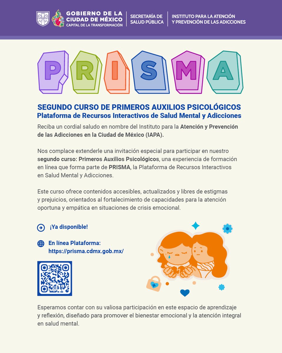 GobCDMX's tweet photo. ¿Ya checaste la plataforma PRISMA de @IAPA_CDMX? 

💻🧠 Ya está disponible el curso de “Primeros Auxilios Psicológicos”, una herramienta que te prepara para brindar apoyo emocional oportuno, empático y sin estigmas. 

🔗 https://t.co/3u5aTms3wf https://t.co/VAHgfqawRC