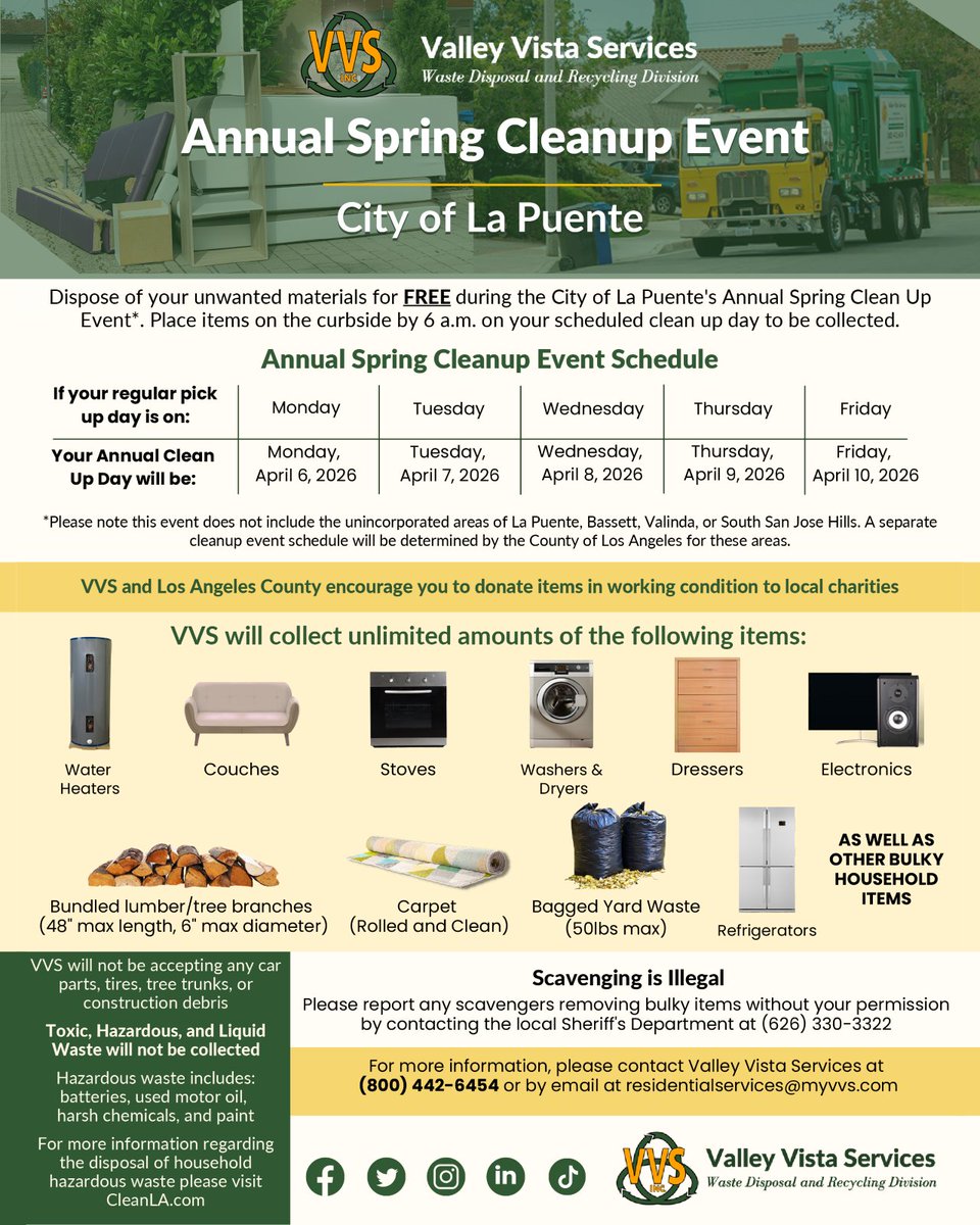 CityofLaPuente's tweet image. Get ready for our Annual Spring Clean-Up Week! ♻️
Place your unwanted items on the sidewalk by 6:00 a.m. on the designated day, and let’s make our community shine together! 🌟

#LaPuente #CommunityCleanup #SpringCleaning #Community