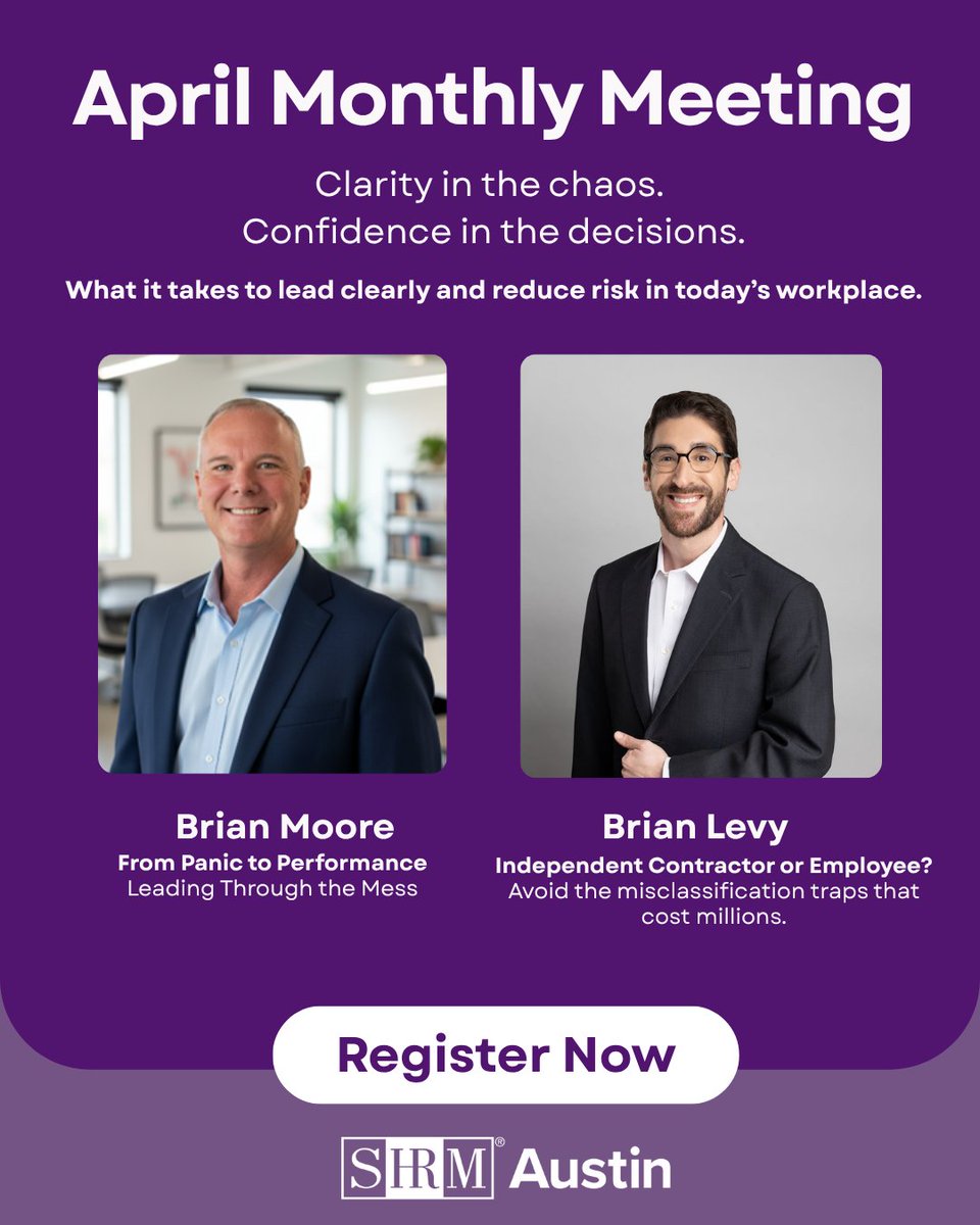 In 3 weeks 🚨

Leadership is messy.
Misclassification is expensive.

Join us April 15 for both.

Register: austinhumanresource.org/event-6510130