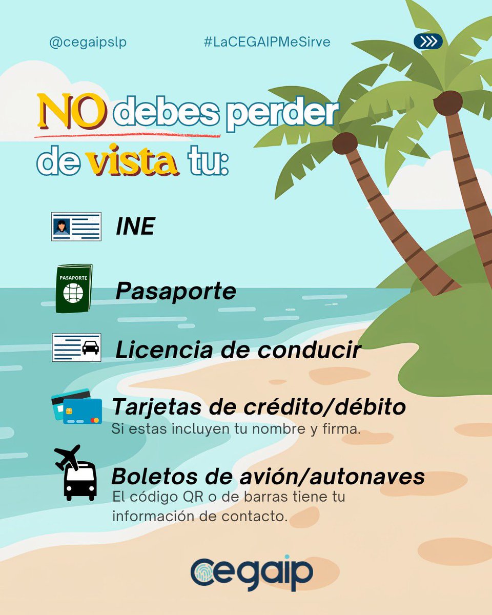 Cegaip's tweet photo. 🏖️ En vacaciones, cuida tus datos personales.
No pierdas de vista documentos como INE, pasaporte, licencia, tarjetas o boletos. 🔐
Tu información es valiosa, protégela.
#CEGAIP #DatosPersonales #Prevención #VacacionesSeguras #LaCEGAIPMeSirve https://t.co/6nDi430XWA