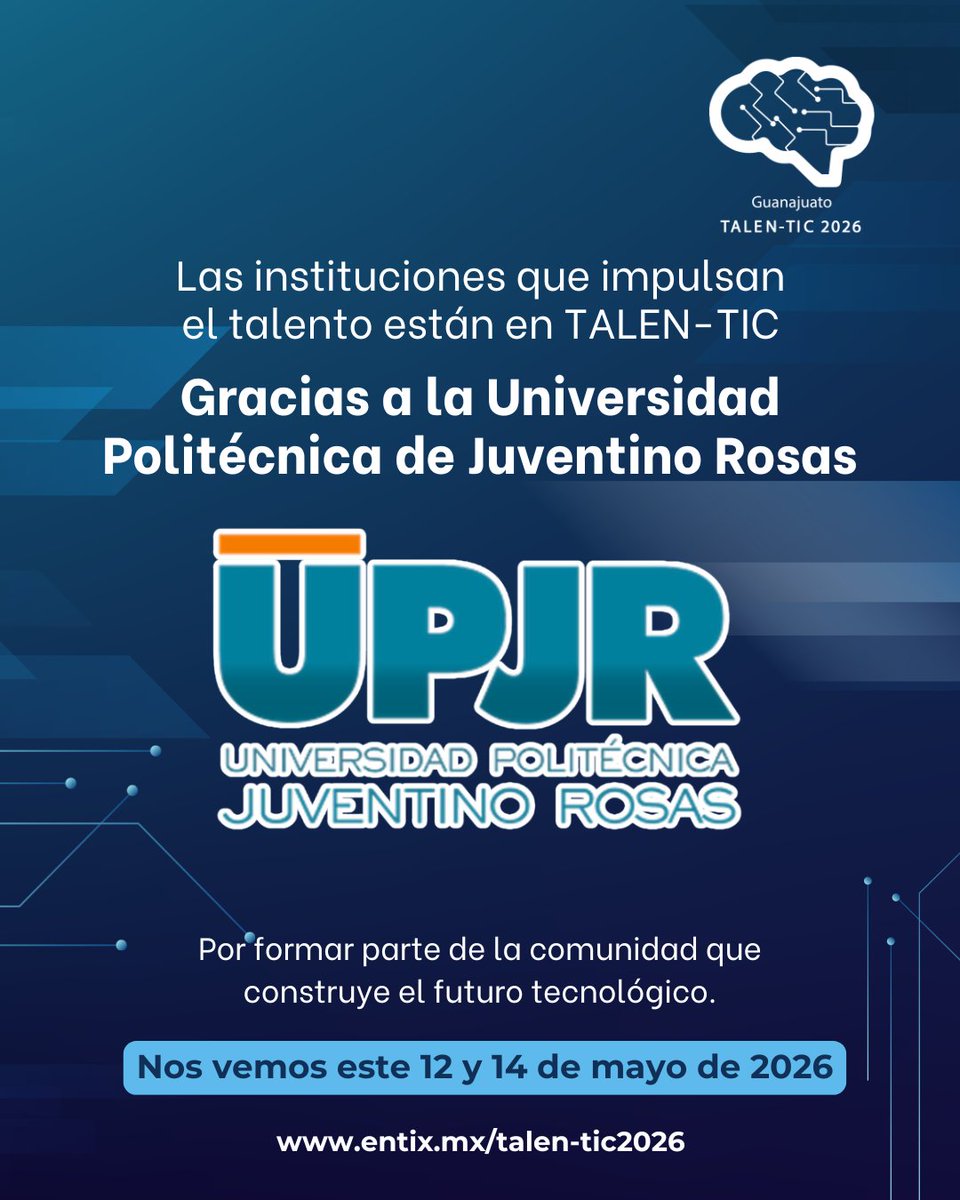 EntixNegocios's tweet photo. 🎓 Reconocemos a @UPJROficial por formar parte de TALEN-TIC 2026.
Instituciones comprometidas con el futuro hacen posible este encuentro.

🚀 Nos vemos en León el 12 de mayo  y Salamanca el 14 de mayo .

#TALENTIC2026 #SoyTalento #SoyJunglab https://t.co/ljp0jzlcFz