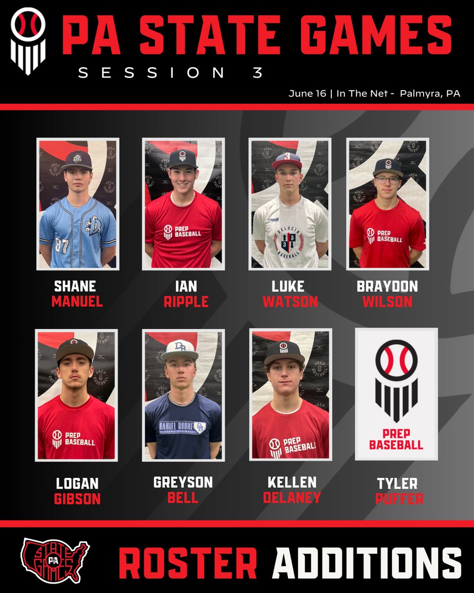 PrepBaseballPA's tweet photo. Please welcome the following players to our PA State Games - Session3️⃣!

📅: June 16, 2026
📍: In The Net - Palmyra, PA
🙋‍♂️: 2027 - 2029 grads

Who's NEXT?!

Check📧For Tier 1 Invites❗

@ShaneManuel2027  @ripple_ian
@Lukewatson40892   @TylerPuffer23 
@GreyBell7 @kellen_del66514
@BraydonWilson30