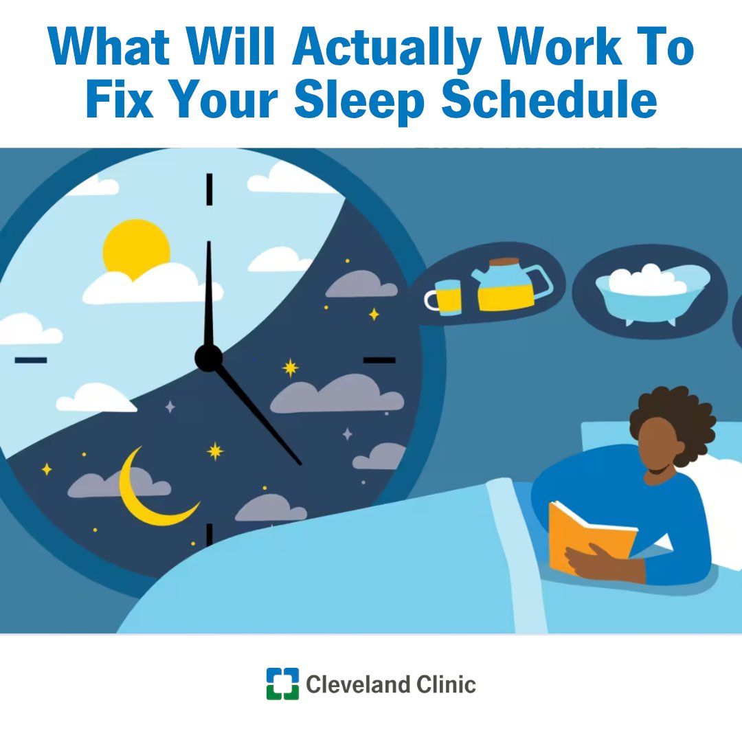 ClevelandClinic's tweet photo. What works for one person to get the sleep they need may not work for another. And that’s OK. There’s not a cookie-cutter approach that works for everyone. We all have different ways of managing our habits, and there are many effective ways.

Even still, there are some healthy bedtime tips and sleep hygiene routines that can help most people to get their sleep schedule on track:

🌙Set a consistent schedule
🌙Avoid over-caffeinating late in the day
🌙Give yourself plenty of wind-down time
🌙Practice relaxation
🌙Be careful with naps during the day
🌙Seek help for long-term sleep trouble

The impacts of a bad sleep schedule go beyond feeling sleepy. Long-term sleep deprivation impacts systems across your body that depend on you getting some quality, uninterrupted ZZZs.

Over the long term, a poor sleep schedule can wreak havoc across your body. If you’re following healthy and research-backed methods for better sleep, you might not have to wait too long to see improvements.

Fixing a messy sleep schedule is all about building healthy sleep-promoting habits.