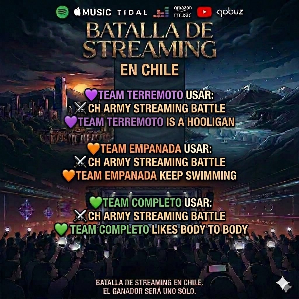 OnlyARMYChile's tweet photo. ⚔️CH ARMY STREAMING BATTLE⚔️

❤️‍🔥SÚMATE A ESTA GRAN BATALLA ENTRE LA ZONA NORTE, SANTIAGO Y LA ZONA SUR🇨🇱

TEAMS! YA PUEDEN USAR LAS FRASES CLAVE PARA ENTRAR A TENDENCIAS!

💜¡CH ARMY NO TE QUEDES FUERA!

⚔️DIFUNDE! ❤️‍🔥🇨🇱⚔️

TODA LA INFO EN EL HILO A CONTINUACIÓN:

COMENTEN! https://t.co/OqXbJmpxAU
