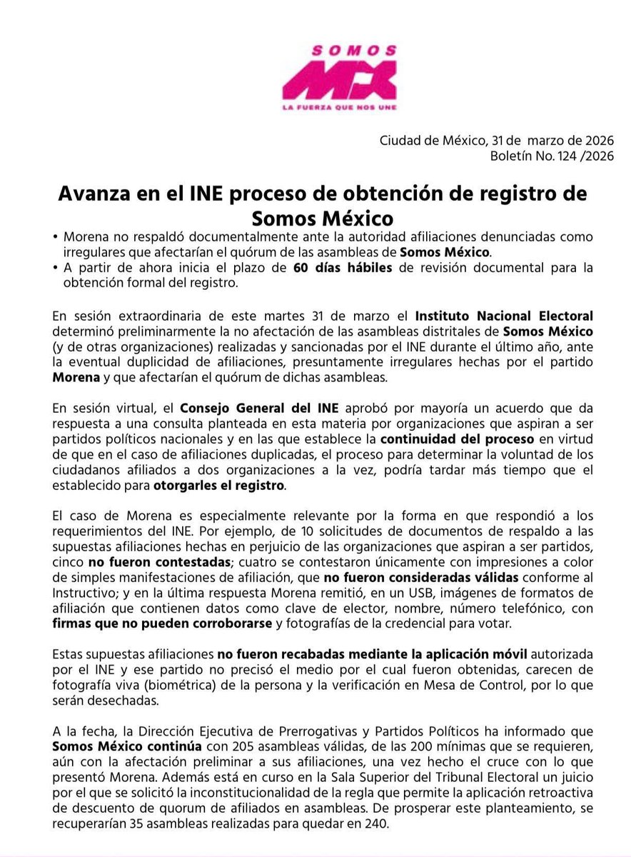 ‼️El registro de #SomosMéxico avanza‼️ 

A pesar de los intentos por frenarnos, el INE determinó la no afectación de nuestras asambleas distritales y seguimos adelante en el proceso legal para ser partido político. 

Nada detiene la voluntad de la ciudadanía.