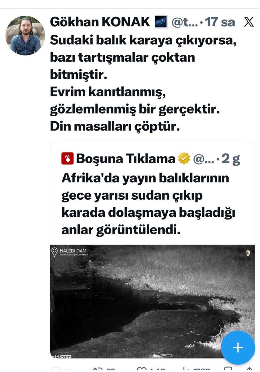 doruahmet2's tweet photo. Balık karaya çıkıp ayaklanıp yürüyerek ormanın derinliklerinde kaybolmadıysa evrim bir safsatadır @trbioscom https://t.co/wROWT5x420