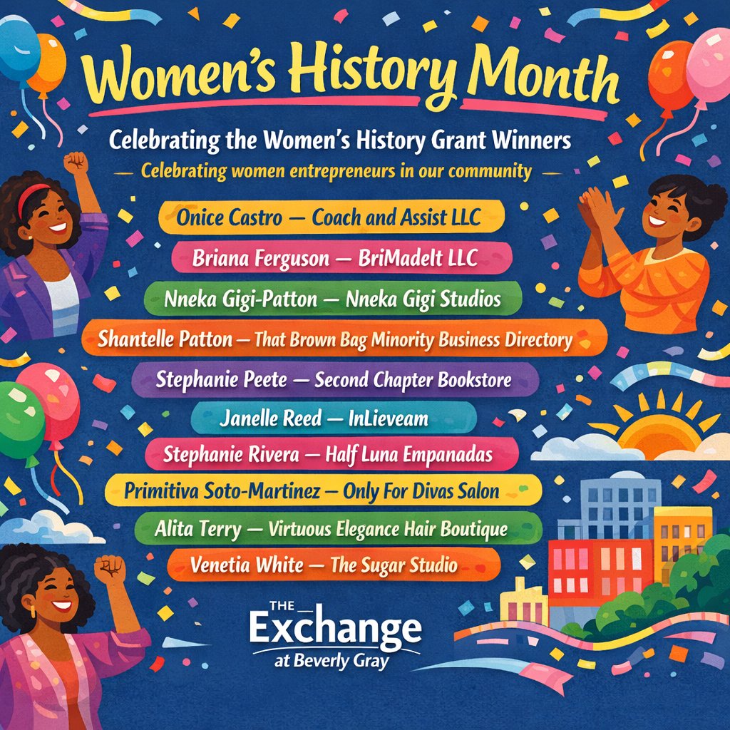 TheExchangeBG's tweet photo. Congratulations to the winners of our #WomensHistoryMonth Grant! We’re proud to celebrate 10 incredible women entrepreneurs who are building bold businesses and making an impact in our community. Your work deserves to be recognized.  #WomenInBusiness #TheExchangeAtBeverlyGray https://t.co/gXHdaiYOpX