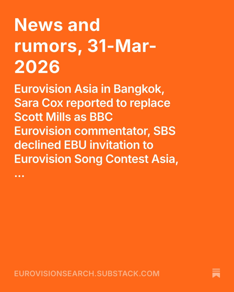 eurovisionjo's tweet photo. Eurovision Asia in Bangkok, Sara Cox reported to replace Scott Mills as BBC Eurovision commentator, SBS declined EBU invitation to Eurovision Song Contest Asia, ...

https://t.co/BOTvg3YFEy https://t.co/5j0BGbN26a