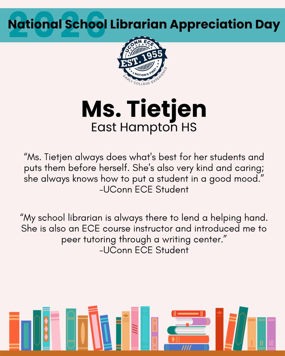 uconnece's tweet photo. This week, UConn ECE is celebrating the incredible School Librarians who support ECE and make a difference in students’ lives every day 💙
Today we’re recognizing:
Ms. Tietjen, Ms. Bate, and Ms. Buchanan! 
Join us in celebrating and thanking these incredible librarians! https://t.co/2Awh5hrUKA
