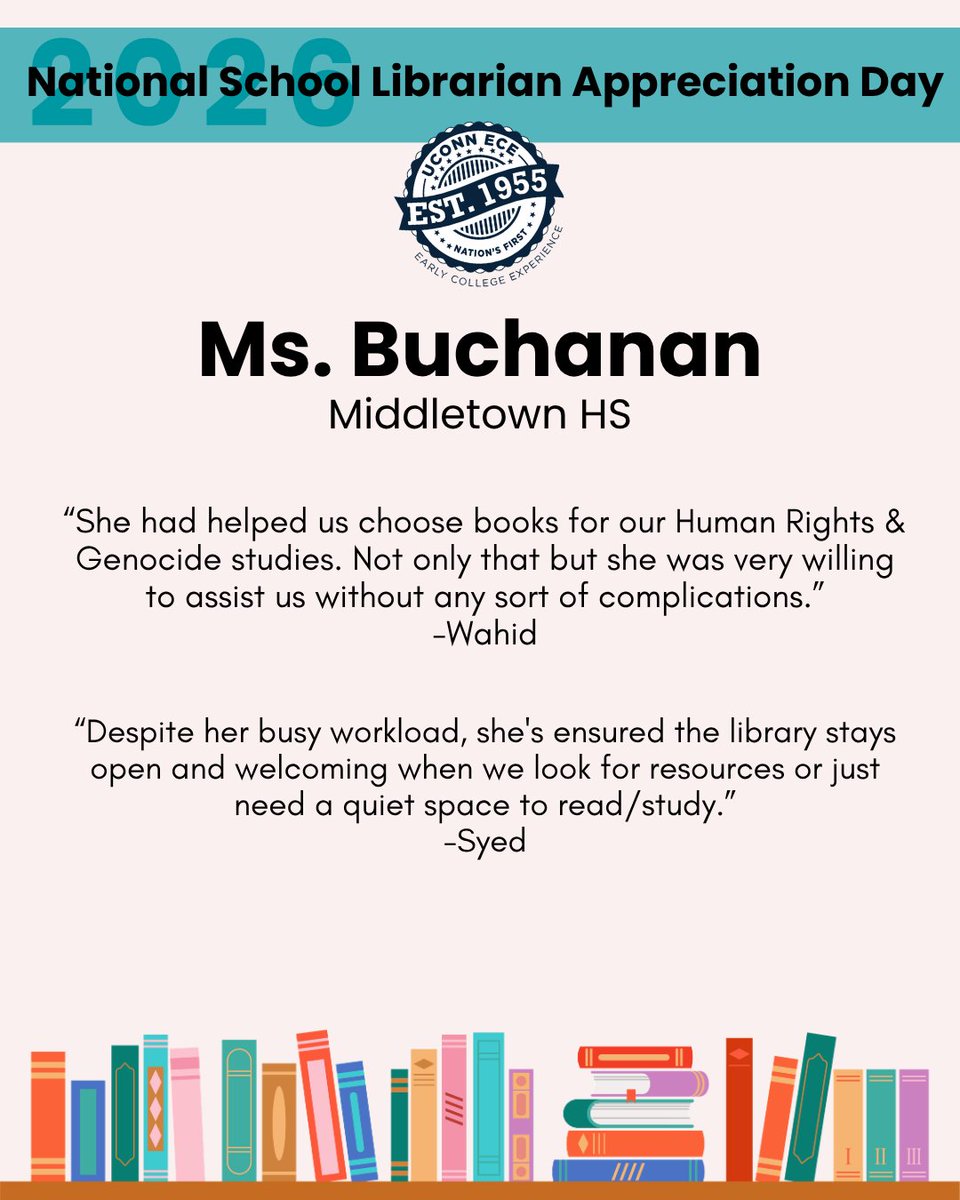 uconnece's tweet photo. This week, UConn ECE is celebrating the incredible School Librarians who support ECE and make a difference in students’ lives every day 💙
Today we’re recognizing:
Ms. Tietjen, Ms. Bate, and Ms. Buchanan! 
Join us in celebrating and thanking these incredible librarians! https://t.co/2Awh5hrUKA