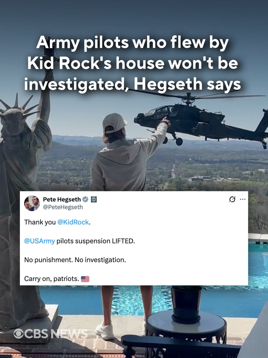 Defense Secretary Pete Hegseth said Tuesday there won't be an investigation after two Apache helicopters were seen hovering outside the home of singer and rapper Kid Rock. He also announced that the pilots' suspension has been lifted. cbsn.ws/47yay1Y