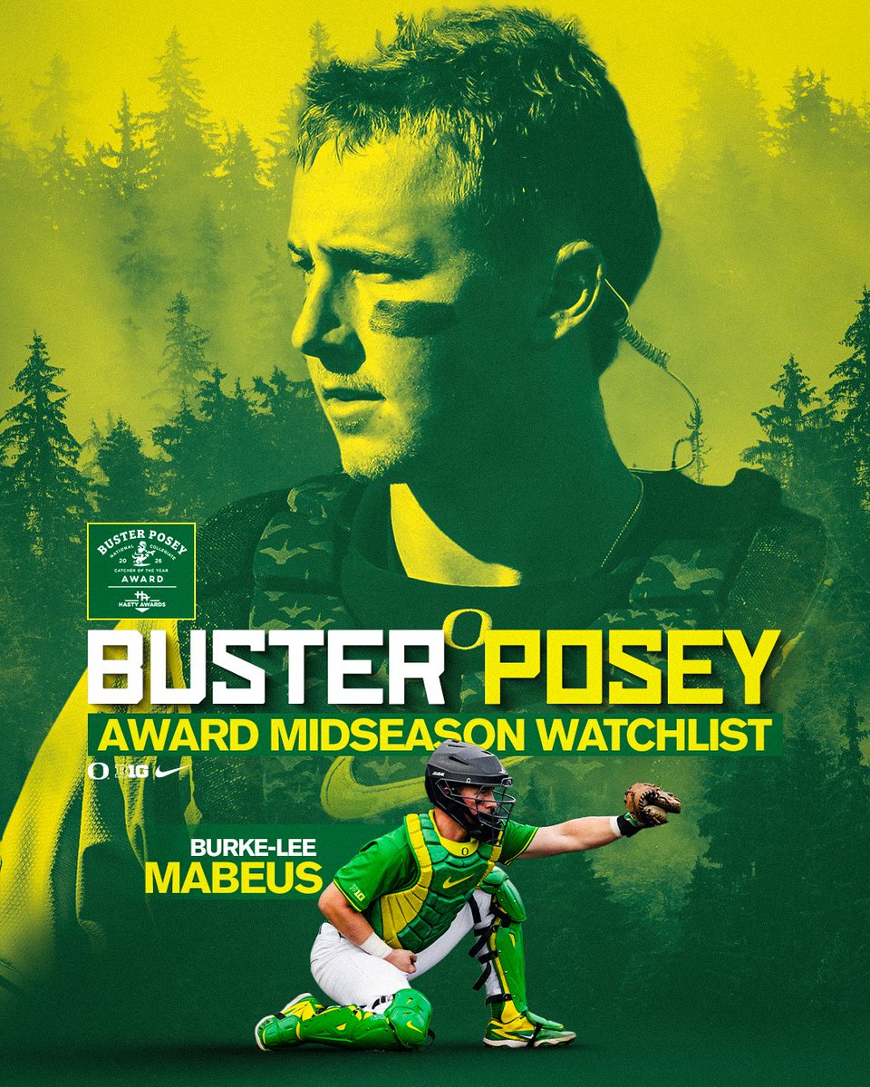 OregonBaseball's tweet photo. 𝐖𝐚𝐭𝐜𝐡 𝐋𝐢𝐬𝐭

@LeeMabeus is on the midseason watch list for the Buster Posey watch list honoring the nation's top catcher. #GoDucks https://t.co/PcGpySnv6K
