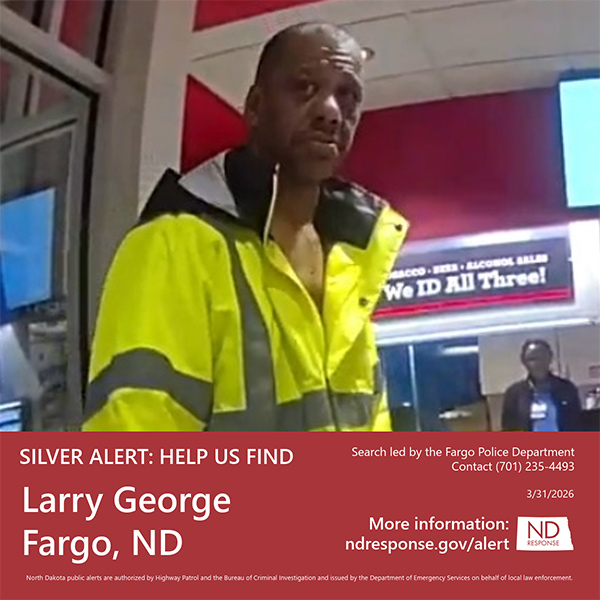 NDResponse's tweet photo. FEATHER ALERT – MISSING MALE
Public Tip Line: 701-235-4493
A Silver Alert is being issued by NDHP and ND BCI at the request of the Fargo Police Department.
Name: Larry George
Age: 65
More information at https://t.co/aP4iYEk5EU https://t.co/8kNjVT2Cg2