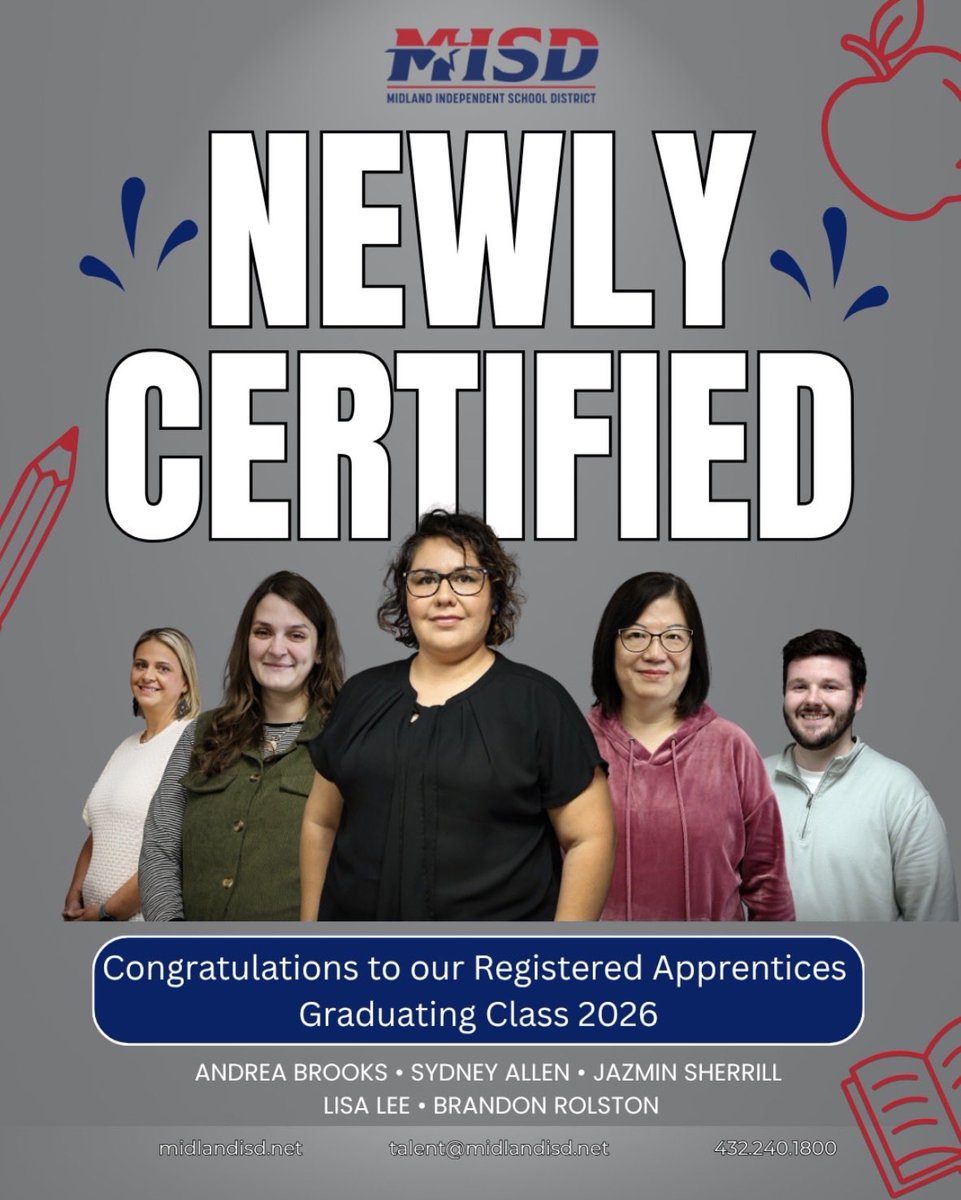 ChelseaReyes26's tweet image. A strong pipeline of future educators starts in @Midland_ISD! 🎉
Celebrating our Registered Apprenticeship Class of 2026 entering classrooms fully certified and ready to lead. @MISDTalent #MadeInMISD