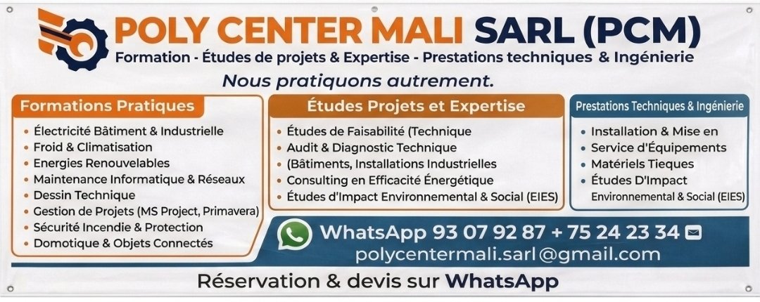 BoubacarAndre's tweet photo. Industries, entreprises ou particuliers : sécurisez vos installations électriques ⚡

Avec Poly Center Mali, profitez de solutions fiables en installation, dépannage, maintenance et expertise.

La qualité et la sécurité, sans compromis. https://t.co/G4zv852LZ8