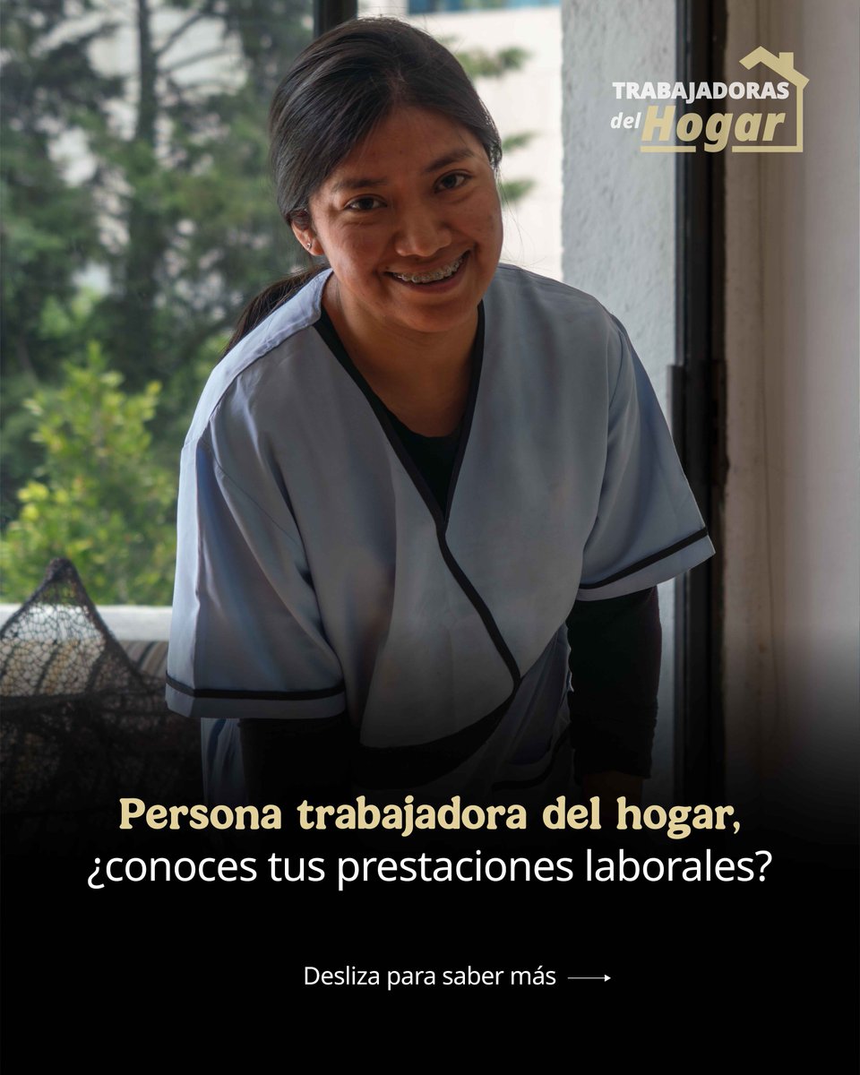 STPS_mx's tweet photo. Persona #TrabajadoraDelHogar, la #LFT establece que tu empleador o empleadora debe garantizarte condiciones de trabajo dignas y seguras.

👉🏾 Desliza para conocer tus prestaciones laborales y hacer valer tus derechos. https://t.co/xDeXca7Bi6