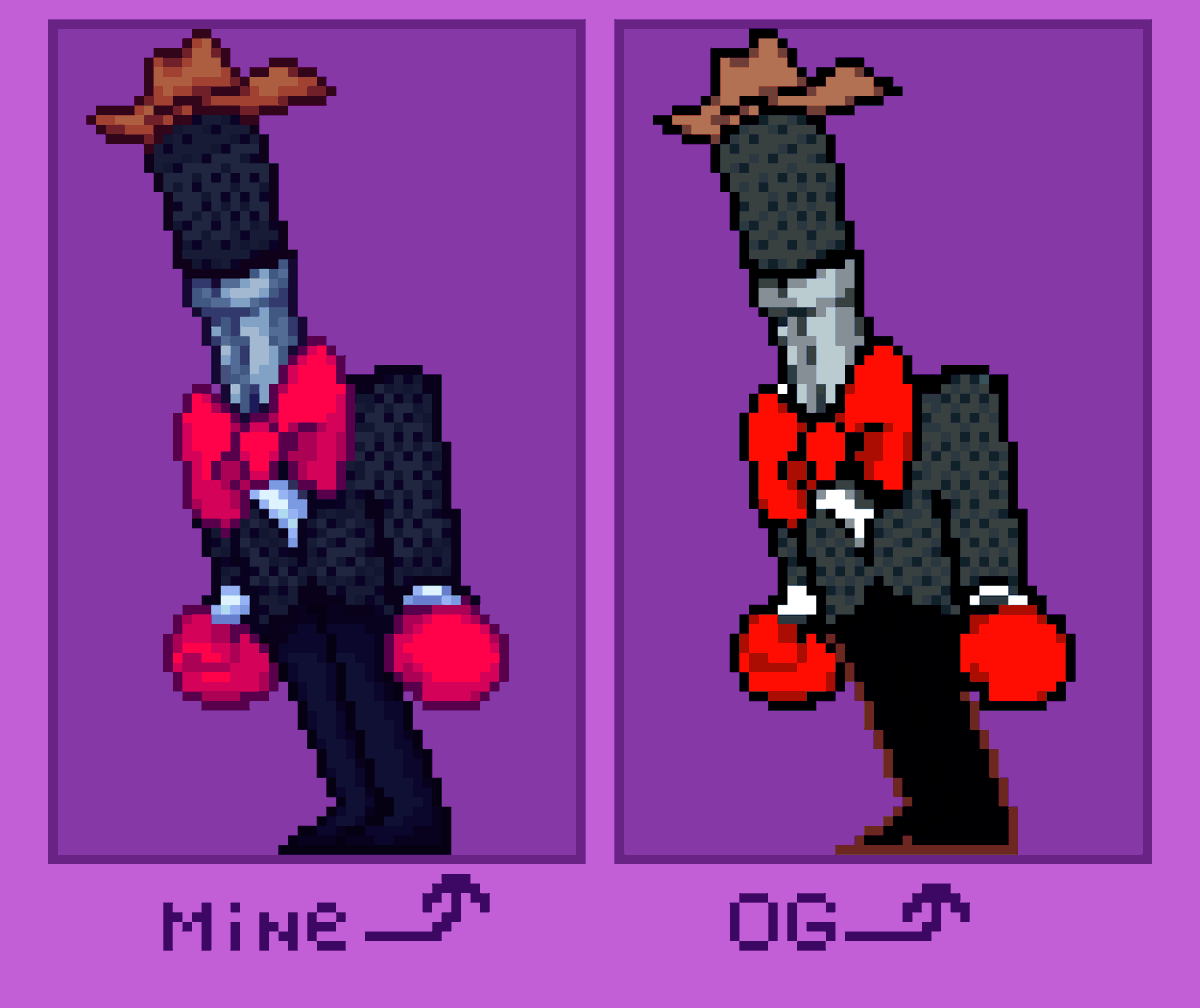 Cherry_B_Berry's tweet photo. I made a resprite of Jongler/HatMike and thought it would be best to post it on #JonglerJuesday. This resprite marks the completion of the Mike Trioβs color palettes. Let me know if you have any ideas for animations or frames I could resprite with them next! #MikeTwt #Juesday https://t.co/x6dVILehPh