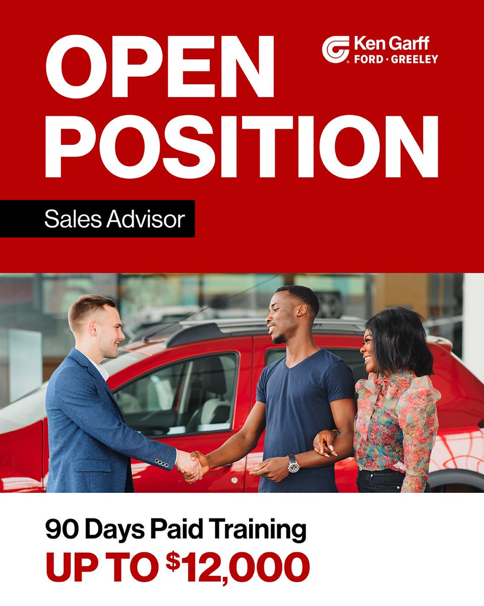 KenGarffGreeley's tweet photo. We're hiring Sales Advisors at Ken Garff Ford Greeley!

🚗90 days paid training up to $12,000
🚗Competitive compensation package from $35,000-$125,000/yr
🚗401k with company match 
🚗Great people with a great culture

Click here to learn more and apply! https://t.co/zWkIuWyA1E https://t.co/XjFTHp34f0