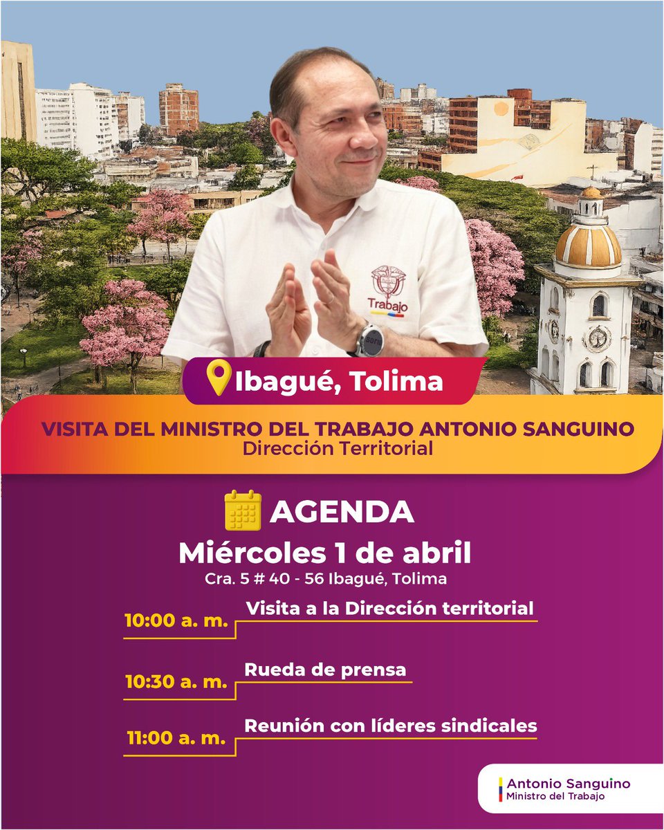 AntonioSanguino's tweet image. Mañana estaré en #Ibagué, #Tolima, visitando la Dirección Territorial del Ministerio del Trabajo.

Invito a las y los tolimenses y a los liderazgos sindicales a acompañarnos en esta jornada de diálogo social, para seguir avanzando en la dignificación del trabajo en el