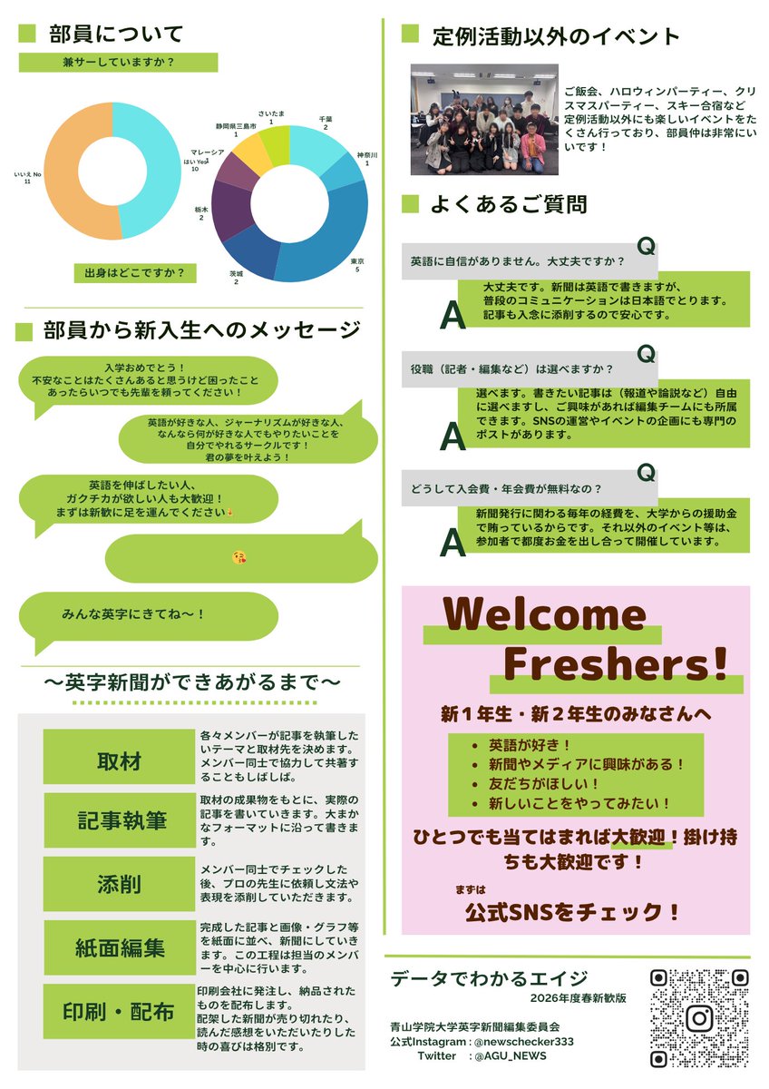 AGU_NEWS's tweet photo. ＼データでわかるエイジ📰／

青山学院大学  
英字新聞編集委員会です！

取材して、記事を書いて、新聞を作る。  
ちょっと珍しいサークル、覗いてみませんか？

英語好きも  
メディア好きも  
なんとなく気になる人も大歓迎���

新歓で待ってます！

#青山学院大学  
#春から青学
#青学 https://t.co/wcj9aNrIxZ