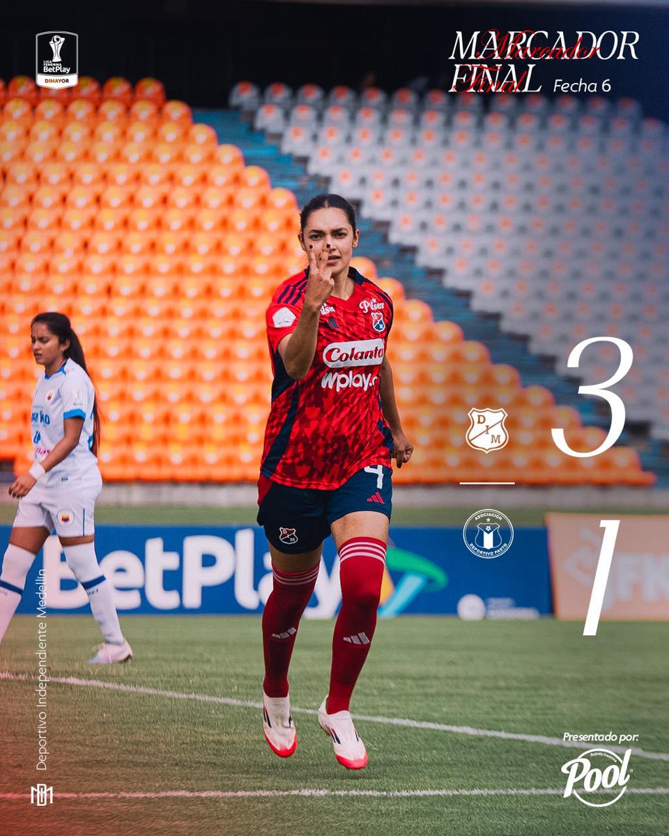 DIMOficialFem's tweet photo. [Marcador final @bebidaspool del partido 🔴🔵]

Victoria 3x1 para las #Poderosas en casa ante Pasto.🤩
 
⚽️: Valentina Rojas, Susana Álvarez y Viviana Múnera 🔥

#VamosMedellín #LigaFemenina2026 https://t.co/BLHSklbZrI
