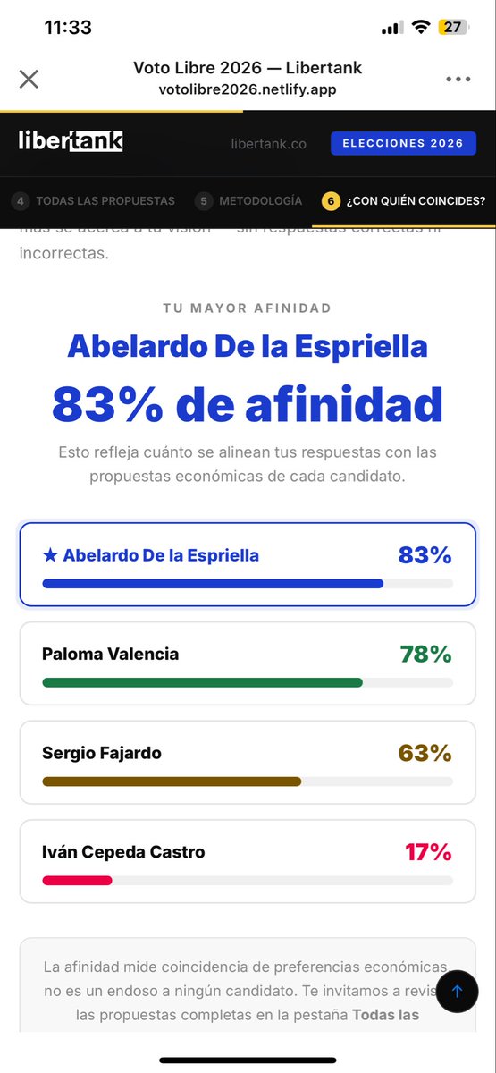 MarcoQuijano's tweet photo. Hice el test de @Libertankcol y así me salió. @ABDELAESPRIELLA 🫡 Firmes por la patria. 

Recomiendo que lo hagan en este link https://t.co/lebdXJopVu https://t.co/C97ae7dC4i