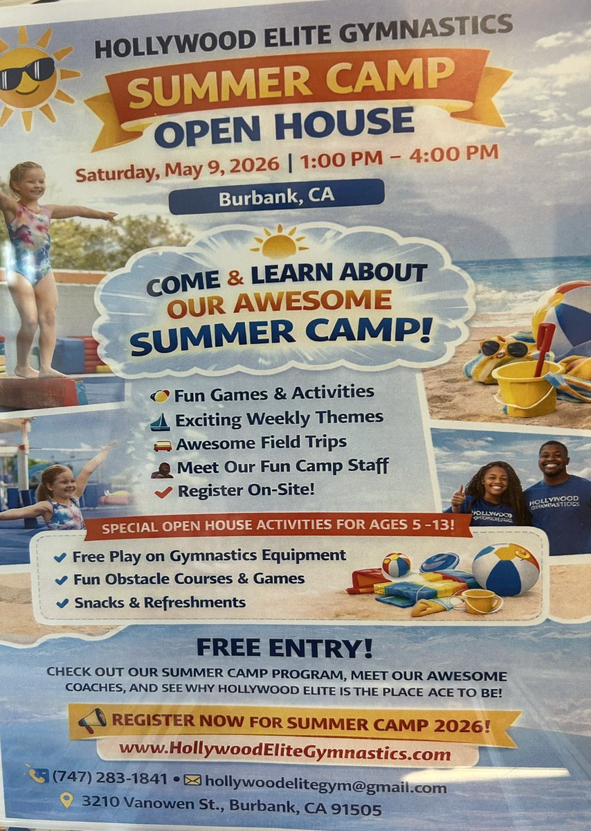 mediacitygym's tweet photo. Summer camp just got epic Hollywood Elite summer camp open house! Meet our coaches, tryout the gym, games and activities, sneak peek of summer fun. 3210 Vanowen May 9 1 to 4 PM #SummerCamp #BurbankKids #GymnasticsCamp #KidsFitness #SummerFun #ParentsGuide. https://t.co/psC8JkqaZo