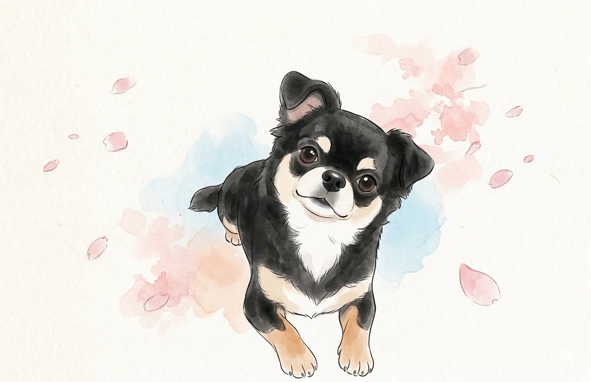 _chie_design's tweet photo. ミヤマさんのプロンプトで
愛犬の水彩イラスト出来ました…🐶🌸
ありがとうございます！
イラストも生成する時代、すごい！ https://t.co/Y08gegXFPs