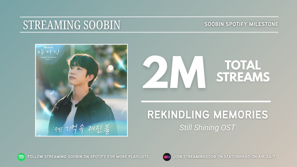 streamingsoob's tweet image. #SOOBIN’s Rekindling Memories has surpassed 2M streams on Spotify!

Thank you for supporting Soobin and keep #streamingsoobin !

🎵: open.spotify.com/track/7HPtra6f…

Join our stationhead on air 24/7
🎧: stationhead.com/streamingsoobin

Check our Spotify for more playlists
🎼: