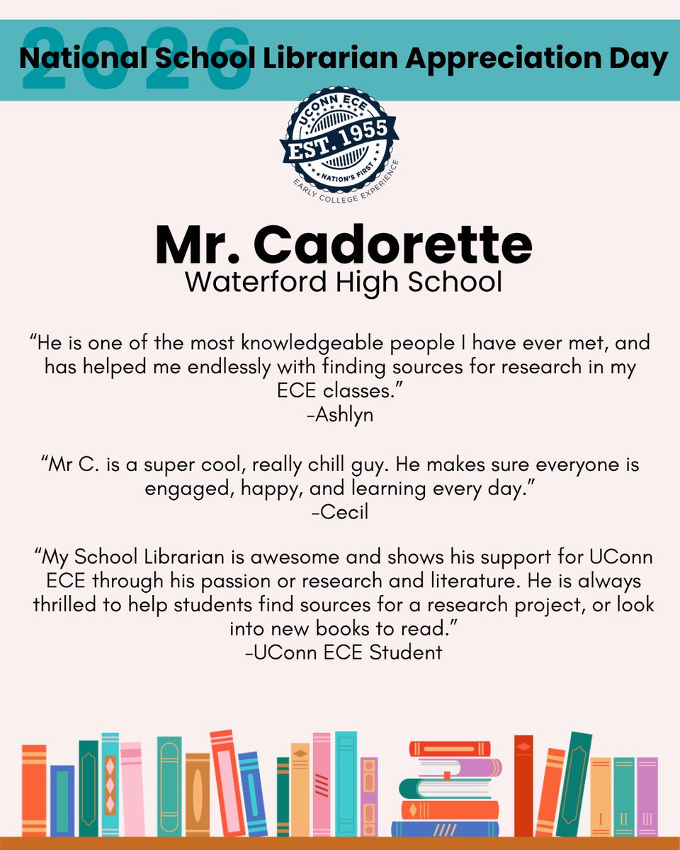 uconnece's tweet photo. This week, UConn ECE is celebrating the incredible School Librarians who support ECE and make a difference in students’ lives every day 💙
Today, we’re recognizing: 
Mrs. Ouilette, Mr. Cadorette, and Mrs. Malatesta!
Join us in celebrating and thanking these incredible librarians! https://t.co/xJ2OmAhqj0