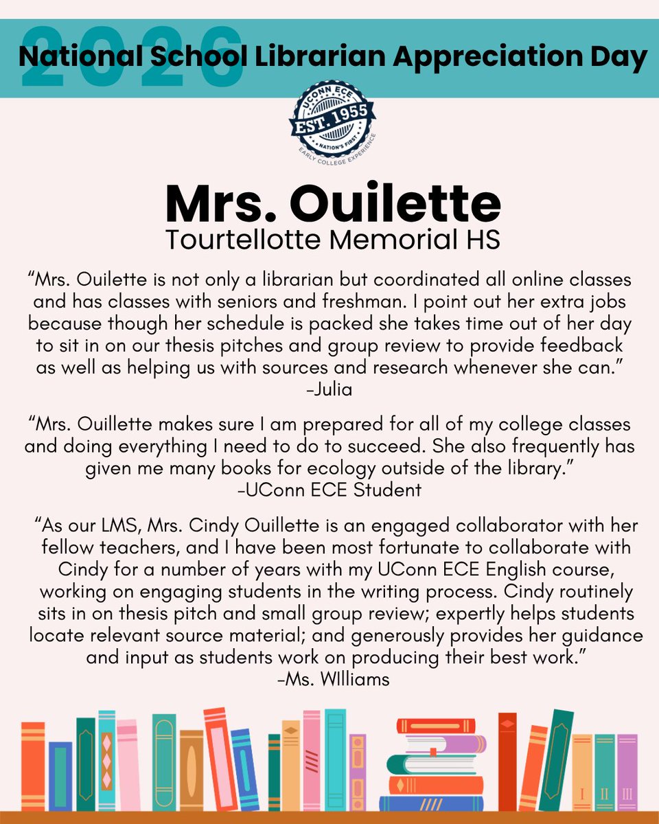uconnece's tweet photo. This week, UConn ECE is celebrating the incredible School Librarians who support ECE and make a difference in students’ lives every day 💙
Today, we’re recognizing: 
Mrs. Ouilette, Mr. Cadorette, and Mrs. Malatesta!
Join us in celebrating and thanking these incredible librarians! https://t.co/xJ2OmAhqj0