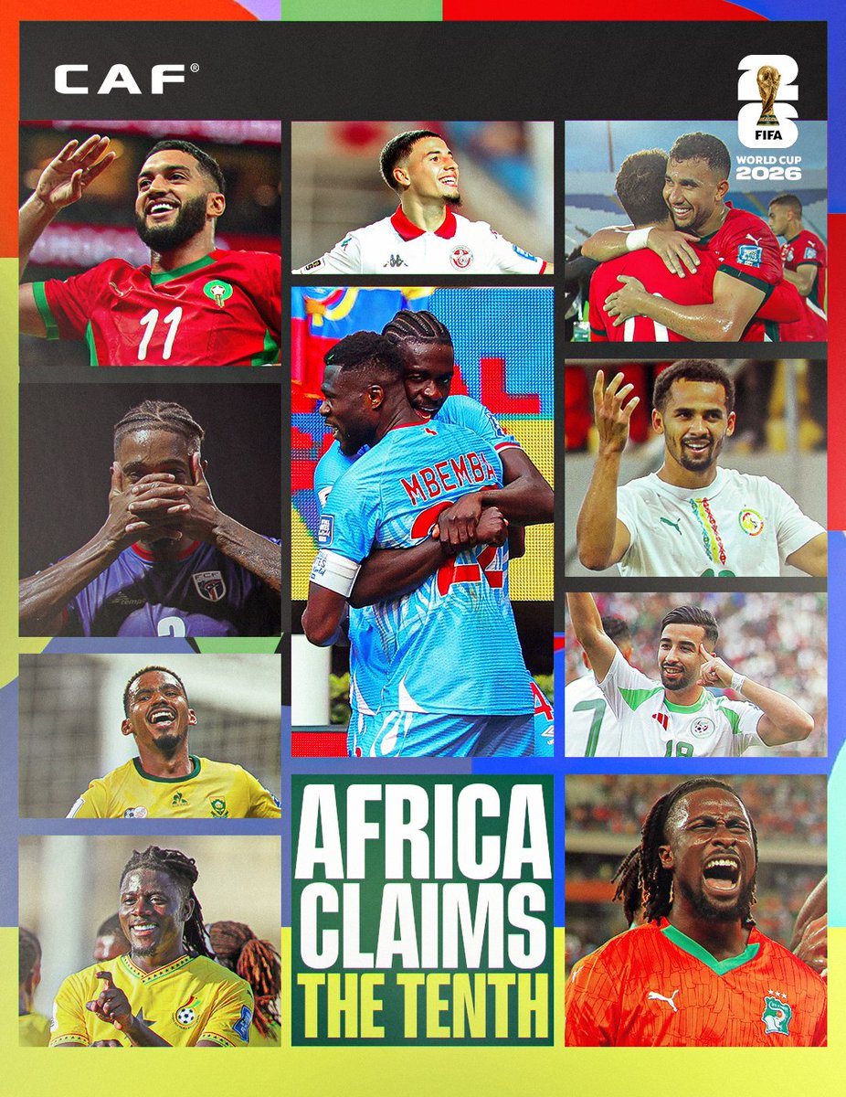 caf_online_FR's tweet photo. Parfait 10 pour l’Afrique ! 🌍

Neuf, puis un de plus.
#FIFAWorldCup, on se retrouve en juin. https://t.co/ByHfNf3gzr