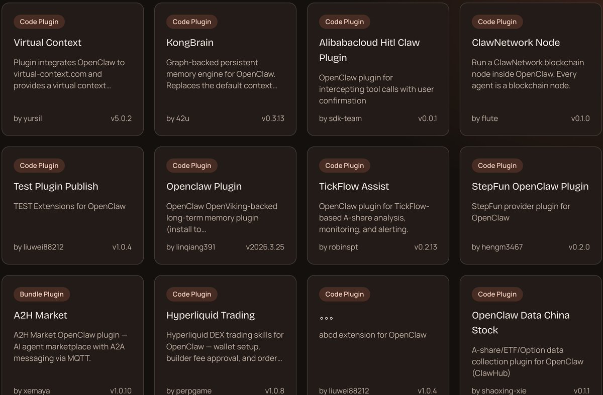 aiedge_'s tweet photo. This website has HUNDREDS of published OpenClaw plug-ins.

Literally put your OpenClaw agent on steroids with these.

https://t.co/xaJYxQVPqv https://t.co/NL8EF0XMrJ