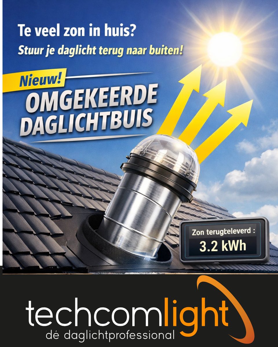techcomlight's tweet photo. ☀️ Te veel zon in huis? Wij hebben de oplossing.

Maak kennis met de allereerste omgekeerde daglichtbuis van Techcomlight.

Dankzij onze gepatenteerde Reverse Daylight Technology™ bepaal jij zelf hoeveel zon er binnenkomt.

#1april https://t.co/KEAqQbfy5v