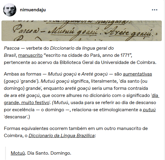 nimuendaju's tweet photo. #TumblrTuesday
Saiba como se dizia "Páscoa" na "língua geral do Brasil", conforme documentado em um dicionário de 1771!  Leia mais — e compartilhe! — em nosso Tumblr: 
https://t.co/ZaqTmqIsXT https://t.co/QkJ2wI3PLf