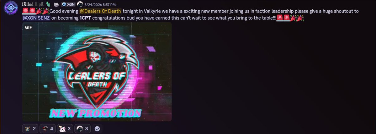 In case you missed it, #Valkyrie had a promotion last week! Big congratulations to <a href="/H1GH_SENZ_XGN/">H1GH_SENZ_XGN</a> on his promotion to 1st Captain! As Xiled RipR said best, we cannot wait to see what you bring to the table!