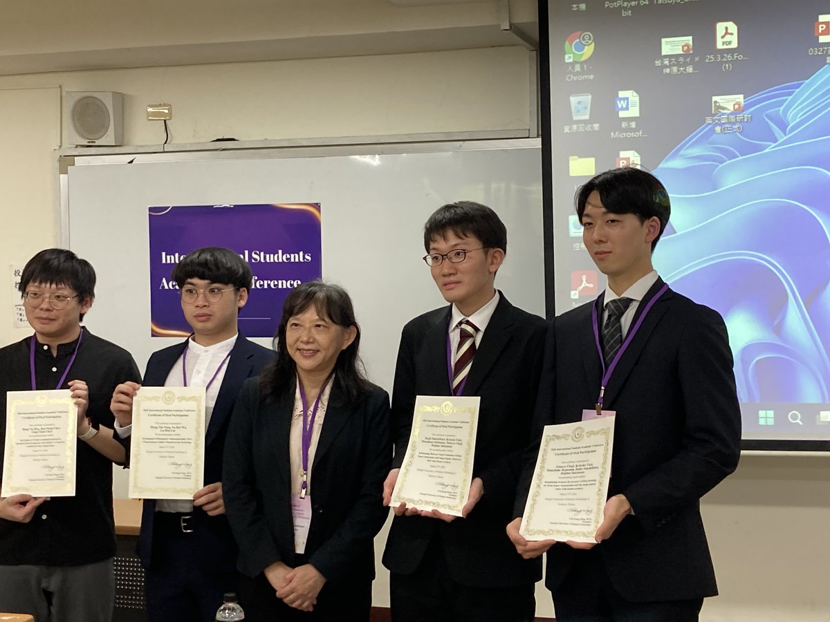 Juntendo_RT's tweet photo. 【台湾・ユンペイ大学で学会発表をしました！】
2026年3月27日に台湾・ユンペイ大学で開催されたInternational Students Academic Conferenceで臼井先生の研究室の大学院生5名が学会発表を行いました。初めての英語での学会発表でしたが、事前の練習成果が表れ、堂々と発表していた印象でした。 https://t.co/5q8LQRCoJN