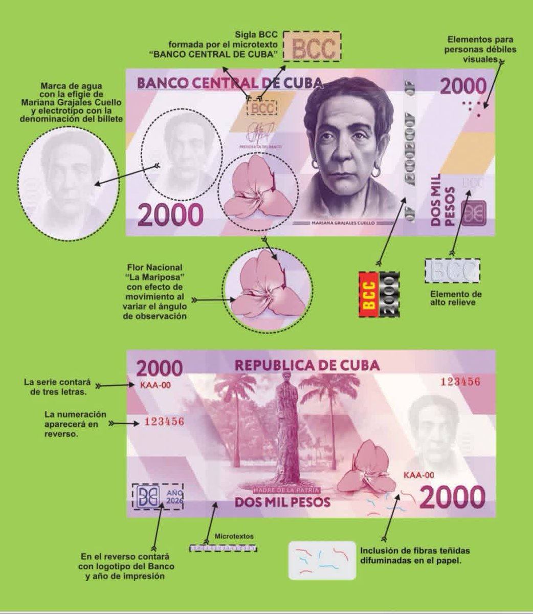 Yudalparram's tweet photo. Banco Central de Cuba informa la entrada en circulación de billetes de denominaciones de 2 mil y 5 mil cup). Circularan a partir  del miércoles 1ro de abril del 2026 en La Habana  y de forma gradual se irán llevando a todo el país.
#BandecInforma #BancariosCubanos https://t.co/vGfwT598JZ