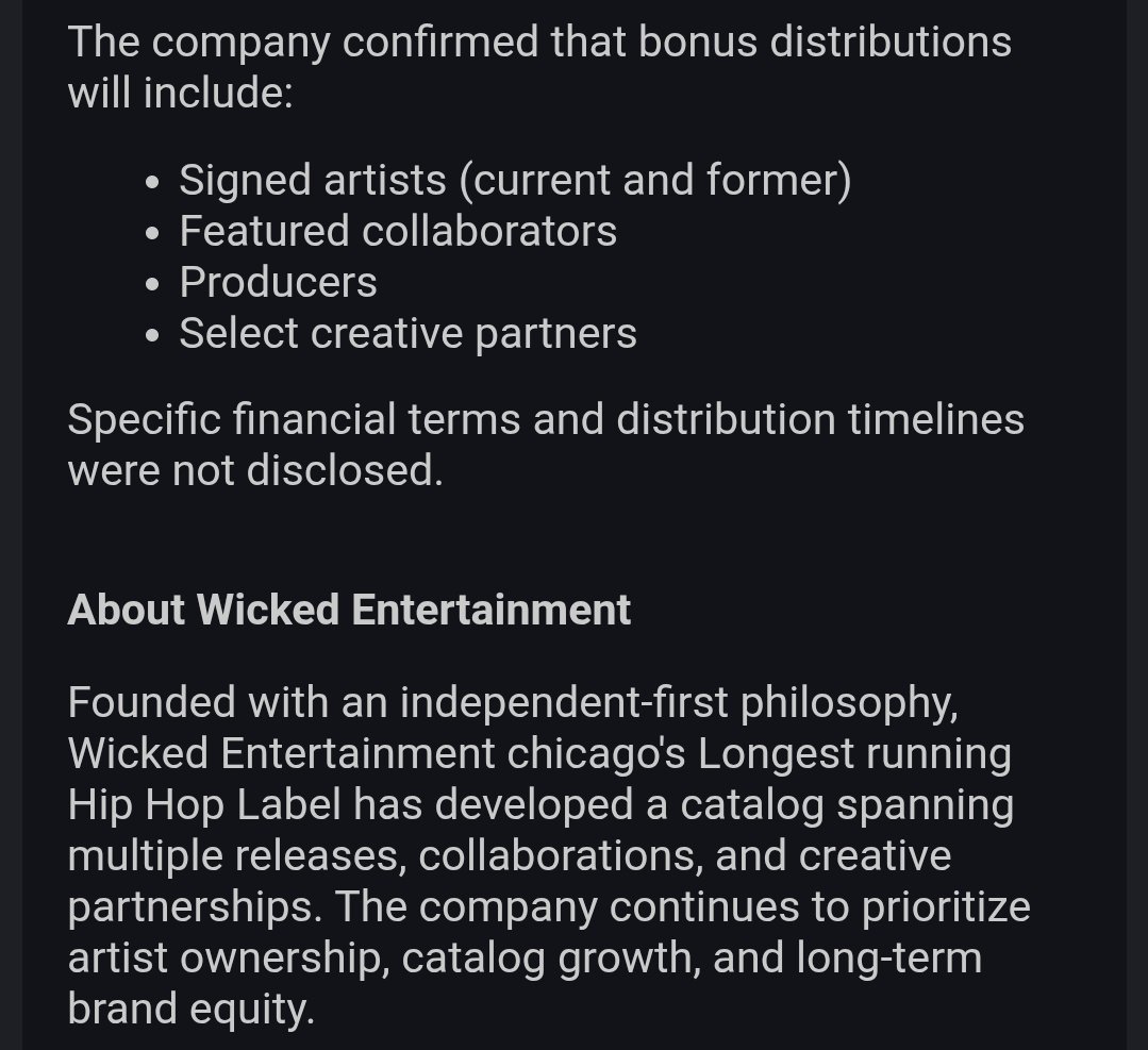SleepyWicked's tweet photo. BREAKING: Wicked Entertainment closes a $10 million catalog deal.
Every Wicked E. artist — past &amp; present — getting a bonus check.
Ownership. Legacy. Loyalty. https://t.co/Wrsvr7a1zA