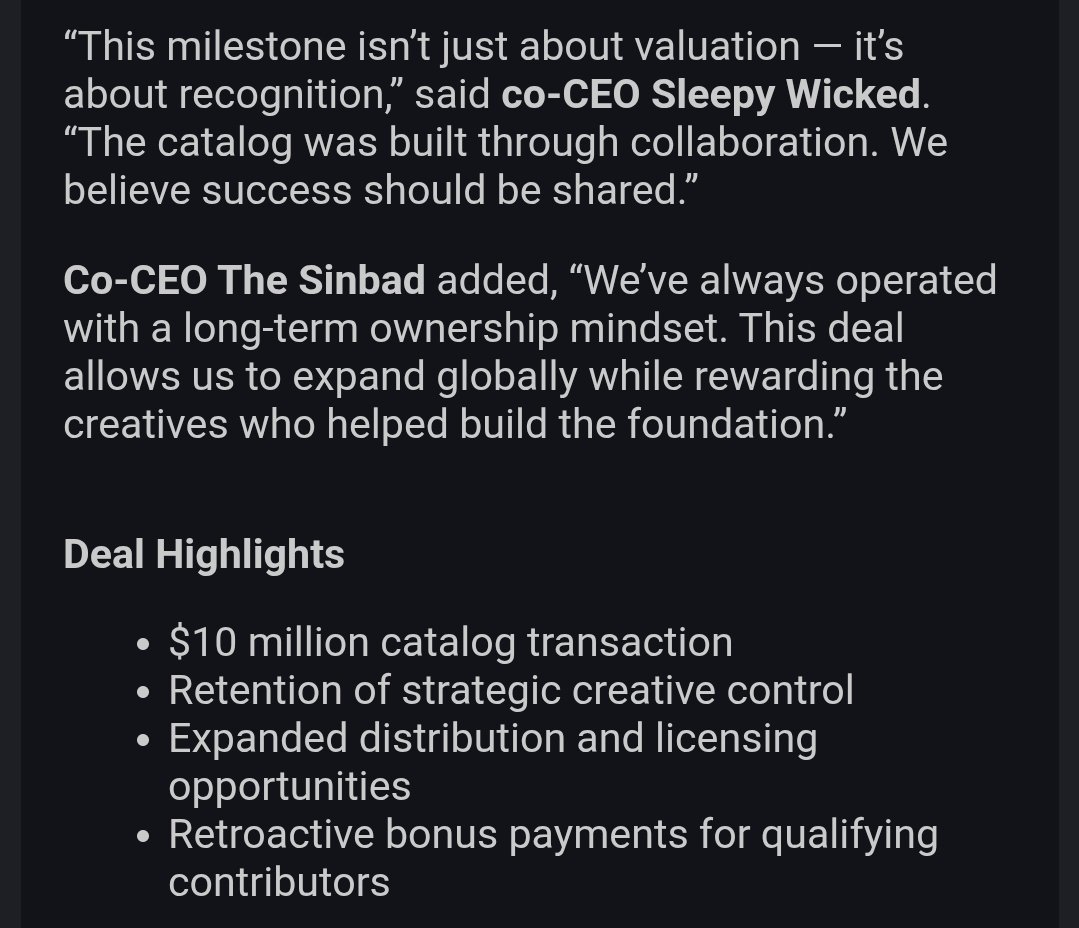 SleepyWicked's tweet photo. BREAKING: Wicked Entertainment closes a $10 million catalog deal.
Every Wicked E. artist — past &amp; present — getting a bonus check.
Ownership. Legacy. Loyalty. https://t.co/Wrsvr7a1zA