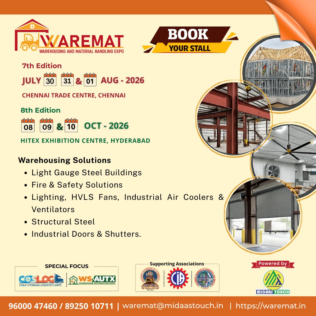 🚧 Showcase your Warehousing Solutions at WAREMAT 2026

📍 Chennai | July 30–Aug 01
📍 Hyderabad | Oct 08–10
Meet buyers &amp; grow your business.
💼 Book your stall today!
📞 96000 47460
🌐 waremat.in
#WAREMAT #Warehousing #Logistics #MaterialHandling #Expo