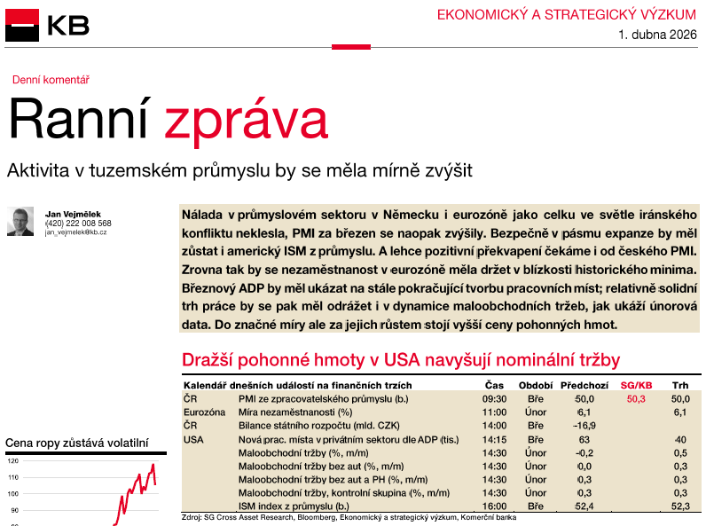 Finanční trhy budou podle nás v <a href="/komercka/">Komerčka</a> nadále zejména pod vlivem geopolitiky. Z USA se dočkáme hlavně ADP reportu a maloobchodních tržeb. Z domova se dočkáme PMI průmyslové aktivity a státního rozpočtu ke konci března. Více v #KBranní zde bit.ly/4tjJqMw.