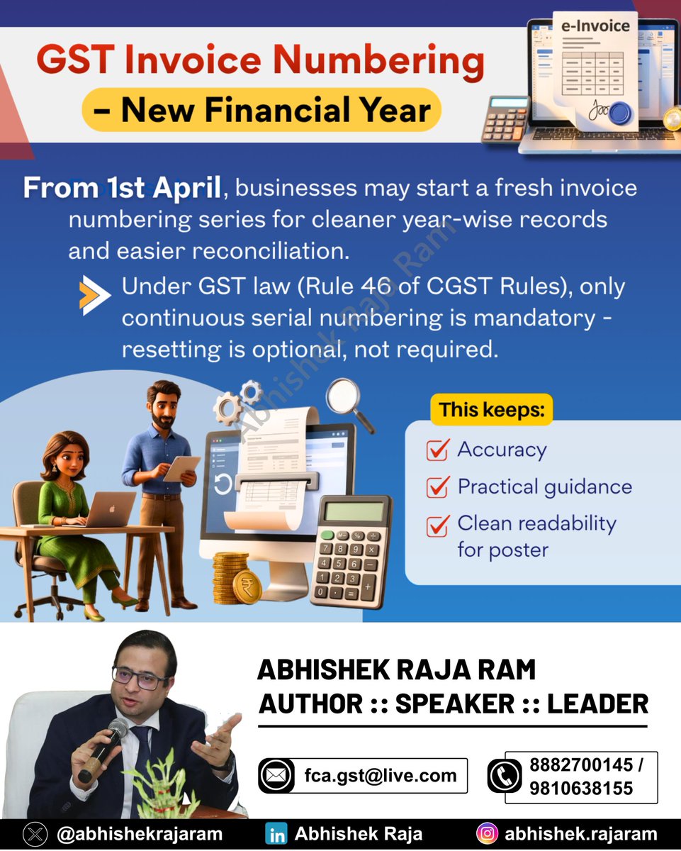 abhishekrajaram's tweet image. From April 1, businesses may reset GST invoice numbering for new financial year; continuous serial numbering is mandatory, but resetting is optional, aiding better record-keeping and reconciliation.
#GST #Invoice #Compliance

👉 Stay updated on GST—join our WhatsApp group for
